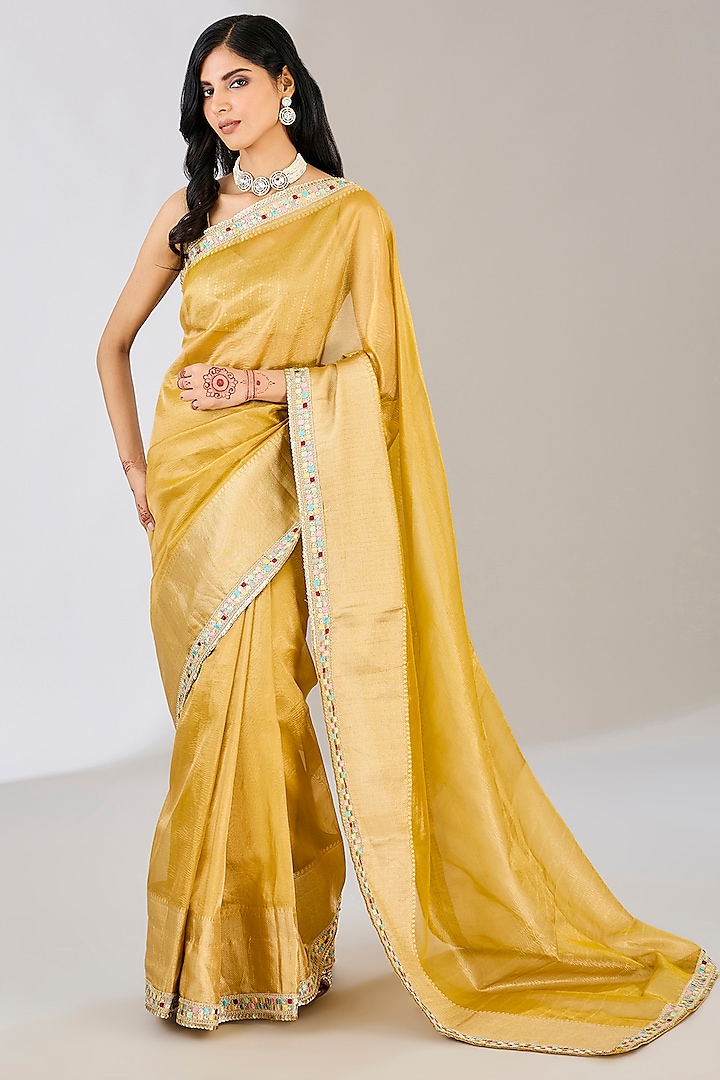 Yellow Pure Tissue Silk Handloom Zari Embroidered & Handwoven Printed Banarasi Saree by Zal From Benaras